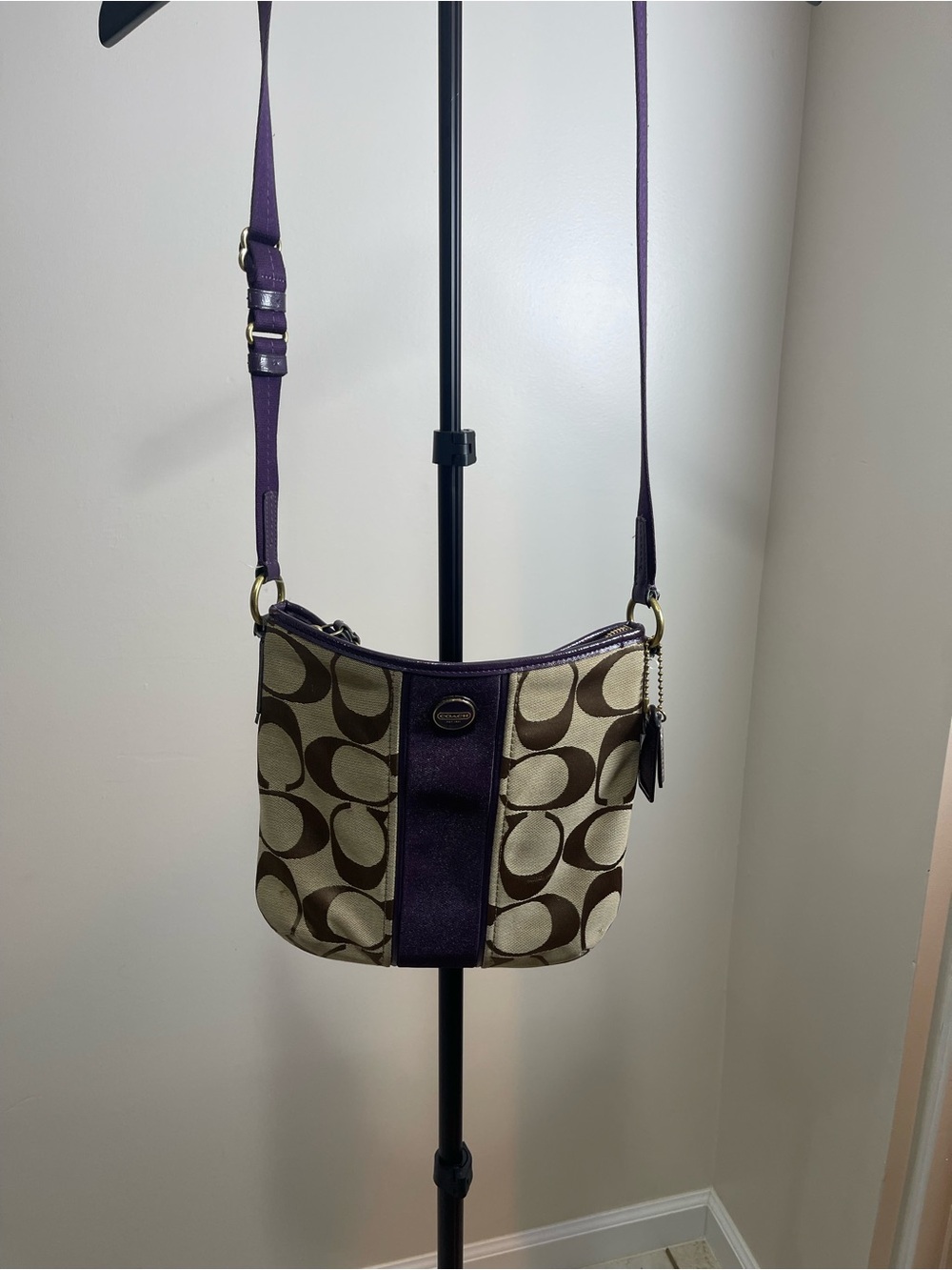 Coach Brown Canvas Crossbody with Purple Leather Trim